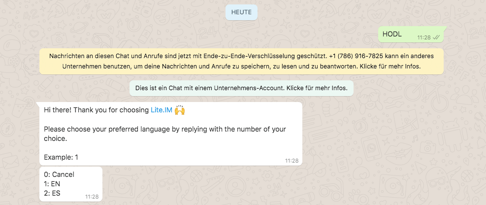 Screenshot: Whatsapp Chat für die Versendung von Bitcoin