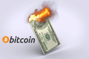 Brennender Dollar und Bitcoin als Zeichen für Inflation