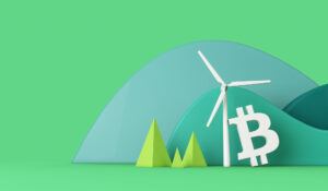 Illustration mit Bitcoin, Winrad und Wald als Bild für den Klimawandel