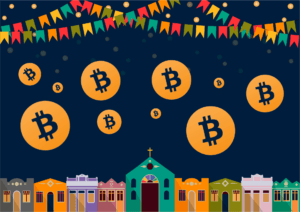 Illustration von einem Dorf in Lateinamerika und Bitcoin-Logos