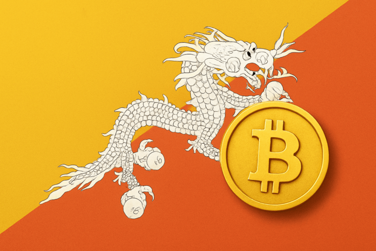 Flagge des Königreichs Buthan mit einem Bitcoin