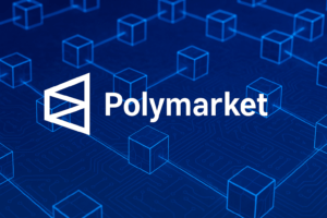 Polymarket Logo vor einem Blockchain Hintergrund