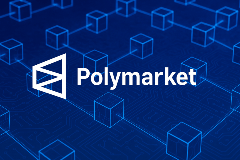 Polymarket Logo vor einem Blockchain Hintergrund