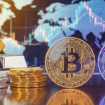 Gold- und Silberbarren liegen neben Bitcoin und Ethereum Münzen