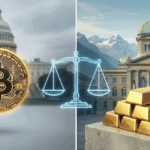Bild vom Bundeshaus Bern mit Gold und Bitcoin (KI generiertes Bild)