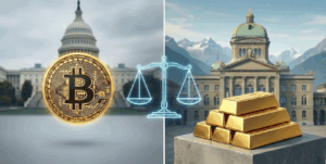 Bild vom Bundeshaus Bern mit Gold und Bitcoin (KI generiertes Bild)