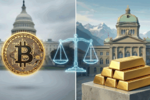 Bild vom Bundeshaus Bern mit Gold und Bitcoin (KI generiertes Bild)