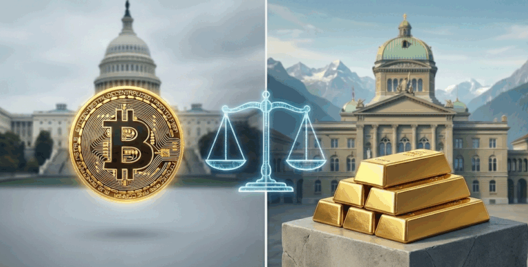 Bild vom Bundeshaus Bern mit Gold und Bitcoin (KI generiertes Bild)