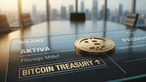 Bitcoin liegt auf einer angedeuteten Bilanz, die auf einem Büro Schreibtisch liegt