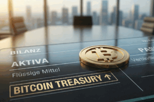 Bitcoin liegt auf einer angedeuteten Bilanz, die auf einem Büro Schreibtisch liegt