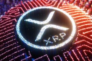 Logo der Kryptowährung XRP auf einer virtuellen Unterlage
