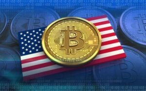 Bitcoin Logo auf der Flagge der USA als Symbol zu den Midterms