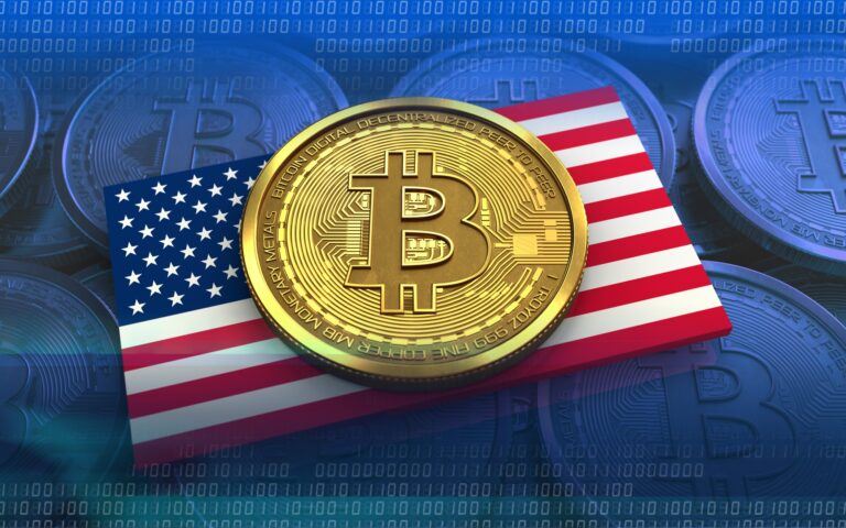 Bitcoin Logo auf der Flagge der USA als Symbol zu den Midterms