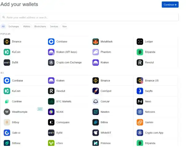 Koinly Wallet & Krypto-Börsen verbinden Ansicht
