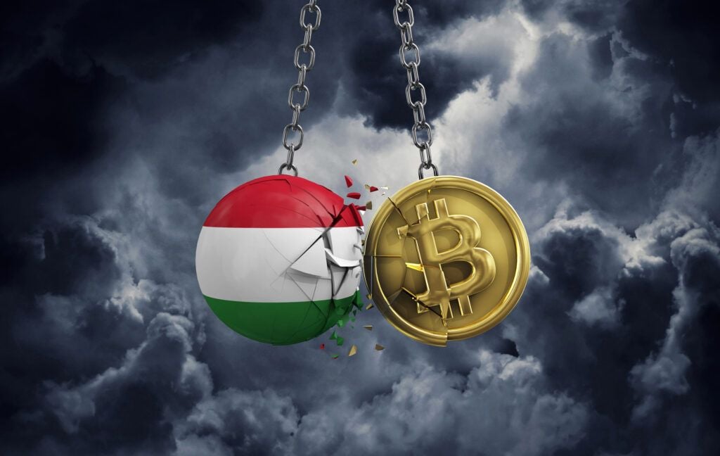 Flagge von Ungarn trifft auf eine dargestellte Bitcoin-Münze