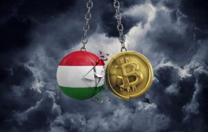 Flagge von Ungarn trifft auf eine dargestellte Bitcoin-Münze