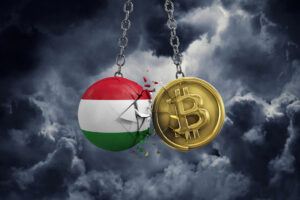 Flagge von Ungarn trifft auf eine dargestellte Bitcoin-Münze