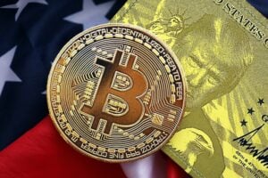 Bild von Trump, der amerikanischen Flagge und einem Bitcoin