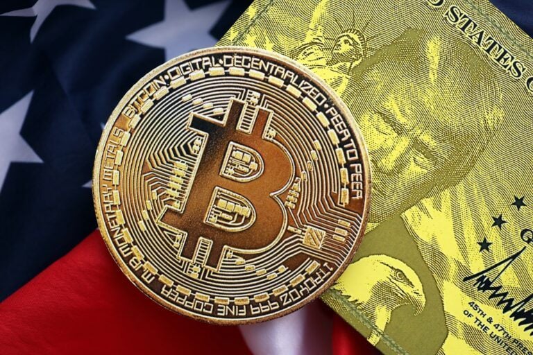 Bild von Trump, der amerikanischen Flagge und einem Bitcoin