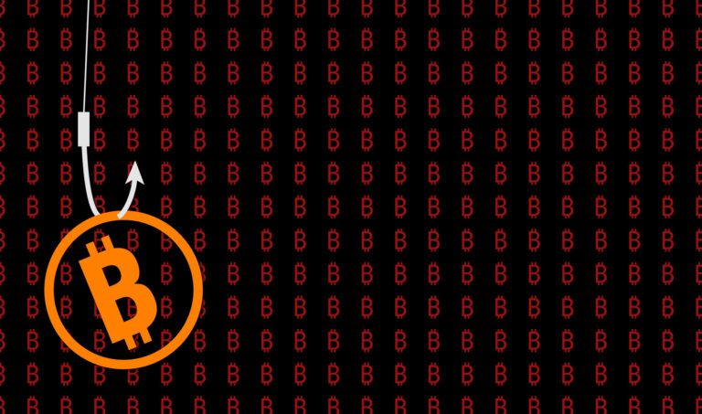 Bitcoin am Haken als Symbol für einen versuchten Hacking-Angriff auf Wallets